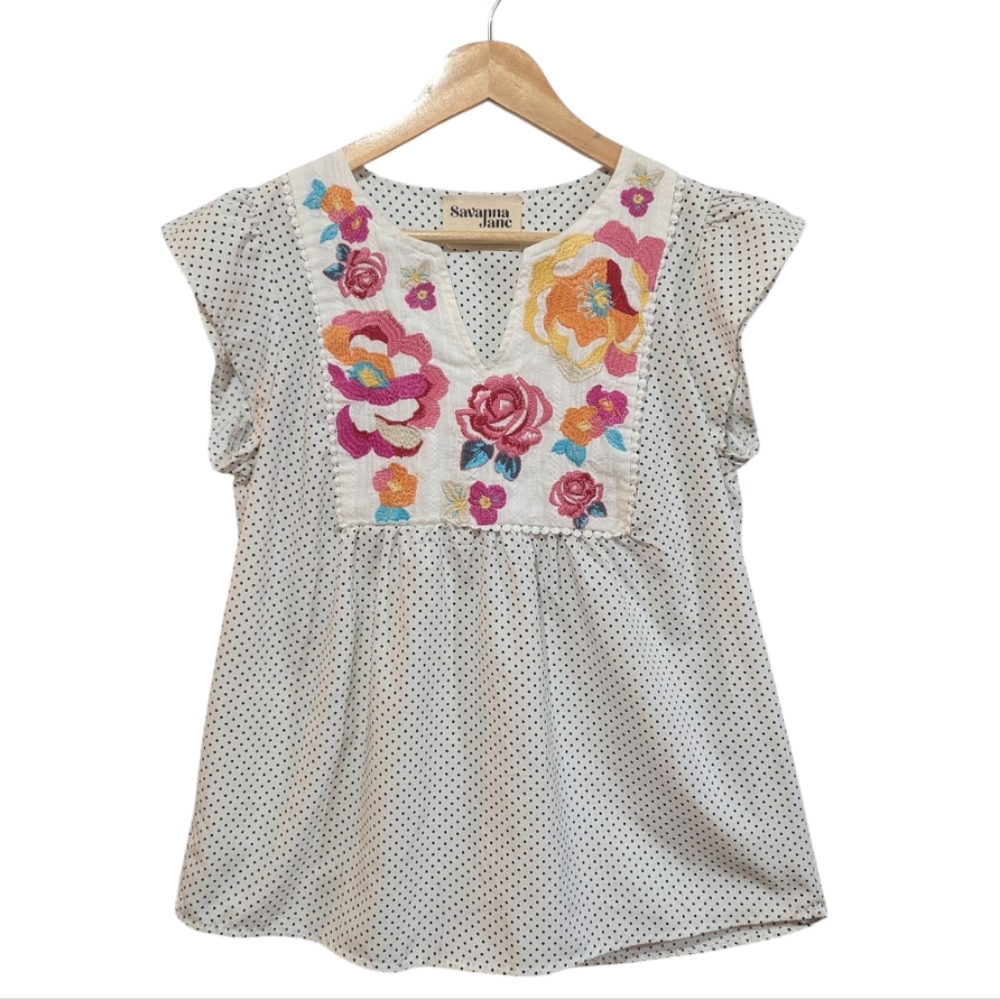 Savanna Jane Floral Embroidered Polka Dot Top Size Small